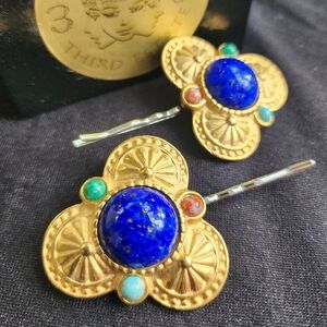 Gold Metal w/ Blue Center Stone Set of 2 Hairpins Handmade from Vintage Earrings